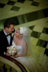 bride and groom looking at each other