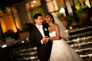 candid wedding photo of bride and groom