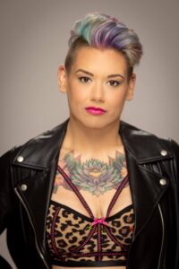 woman wearing a black leather jacket