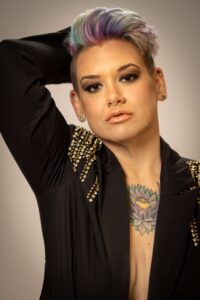 woman wearing a rhinestone shirt