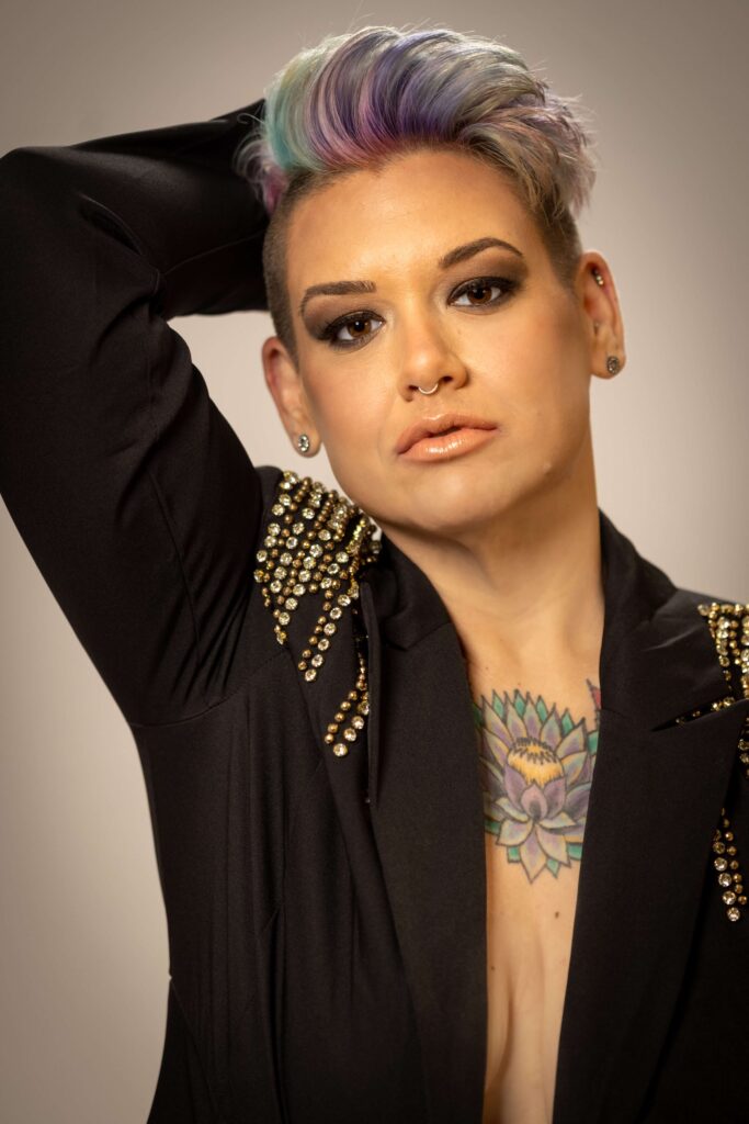 woman wearing a rhinestone shirt