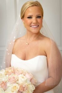 elegant bride in wedding dress with flower bouquet