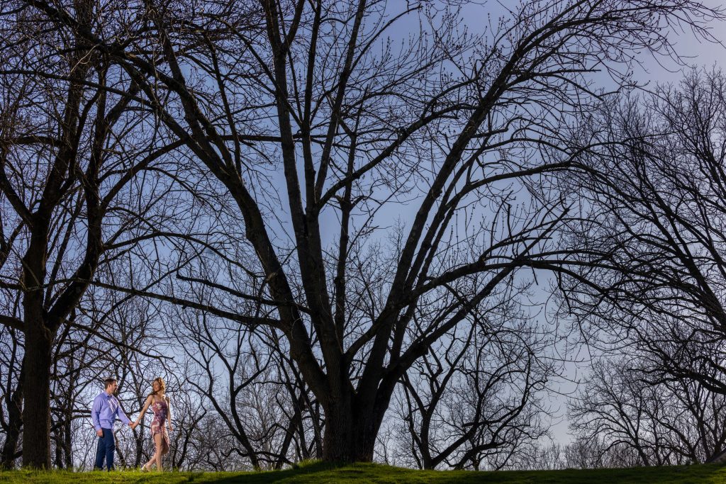 man and woman holding hands under large tree