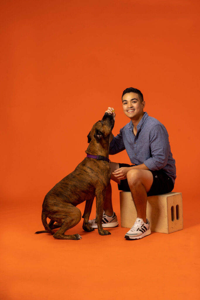 man in blue shirt giving dog a treat