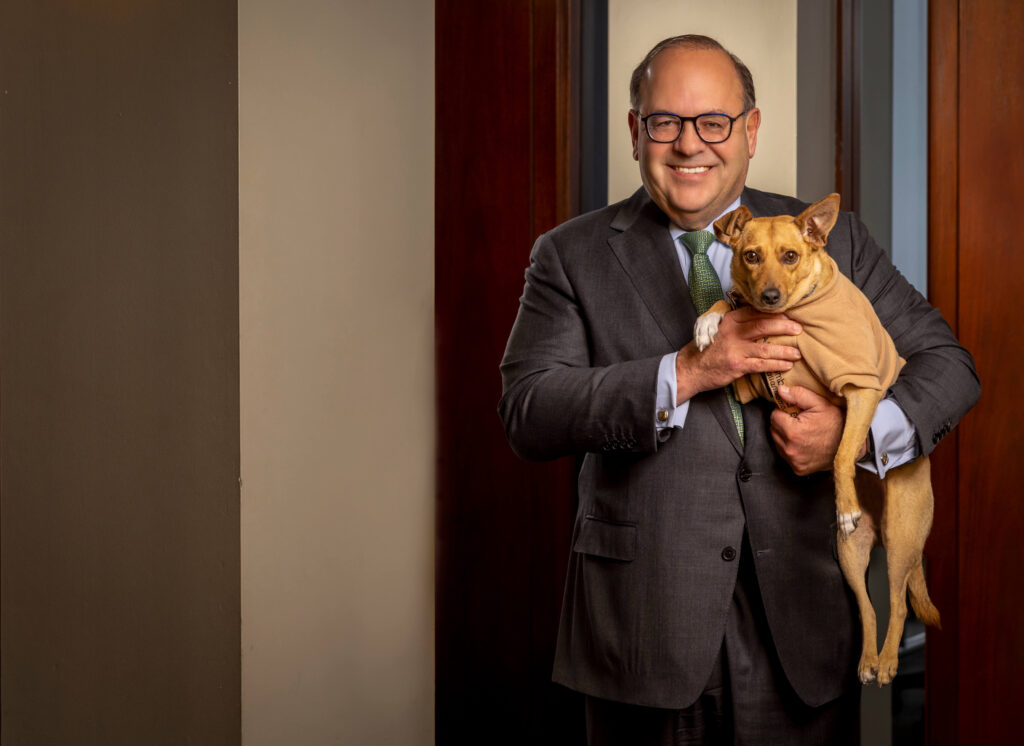 allan domb wears a charcoal grey suit with a green tie and holds his brown dog at his real estate office
