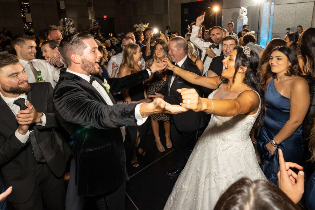 bride and groom dancing during wedding reception at w hotel in philly grand ballroom