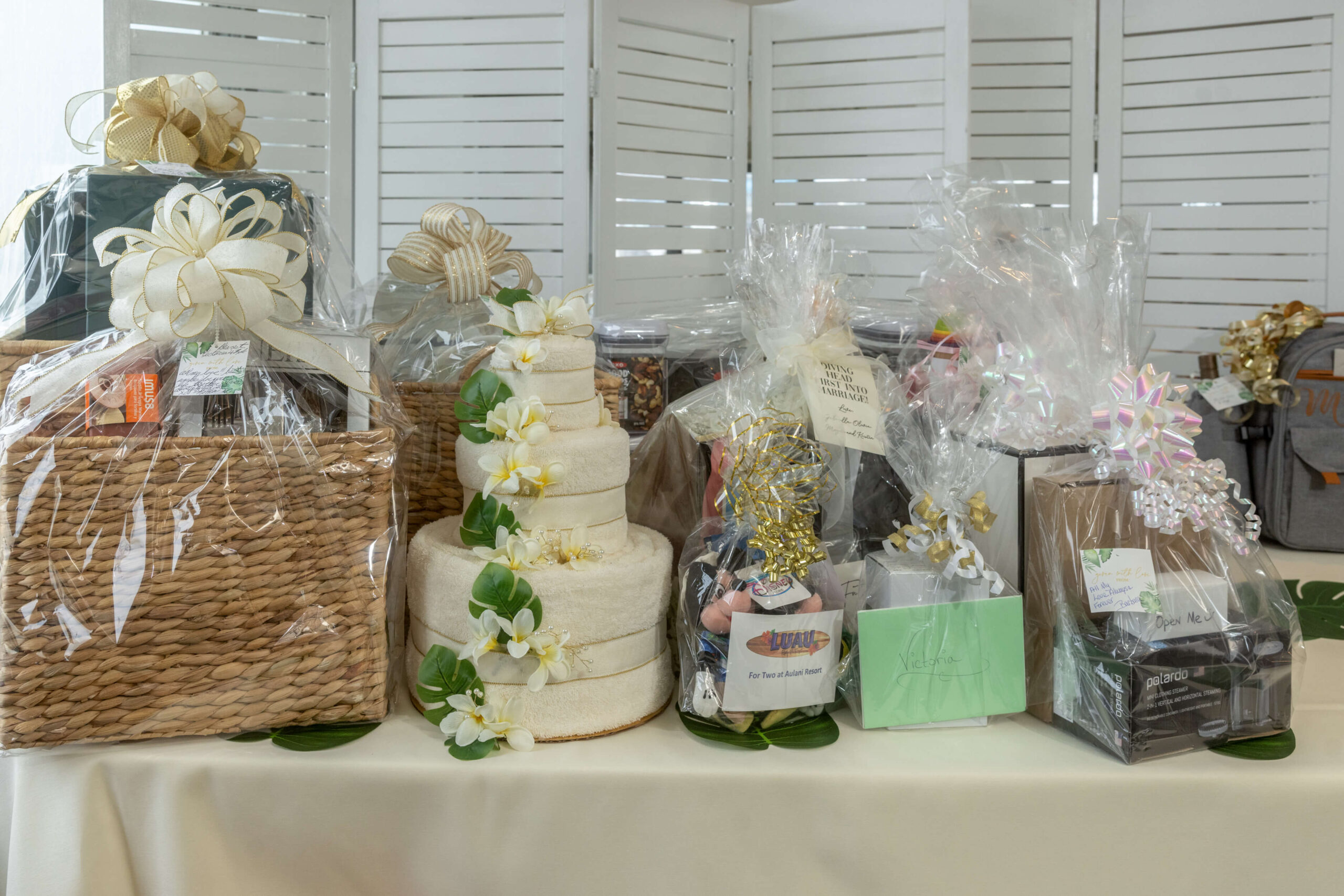 display shower presents on a table at a bridal shower