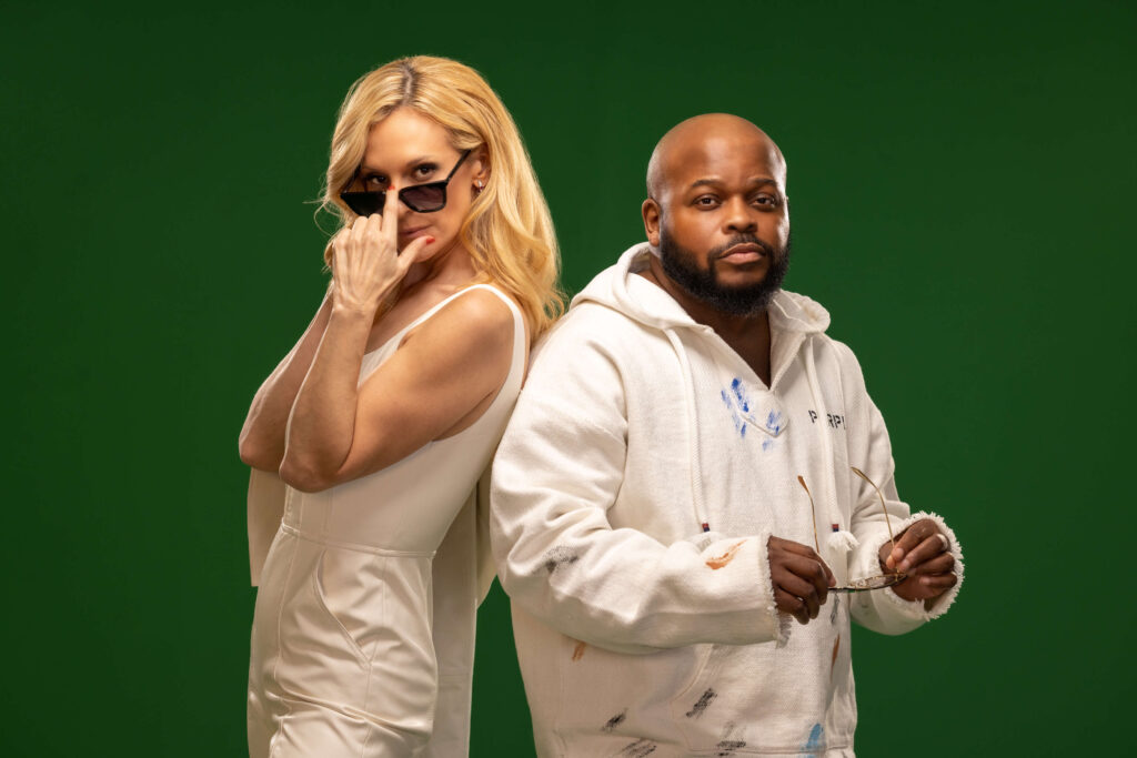 consuelo vanderbilt costin and jimmy dennis wearing white clothes and against a green background